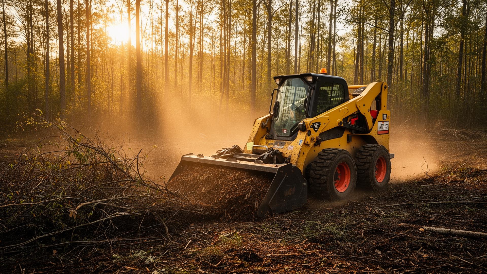 Forestry mulcher clearing wooded land at sunset